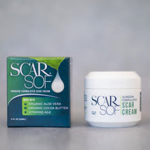 Load image into Gallery viewer, ScarSof 2 oz jar with box ScarSof surgeon formulated scar cream made with organic aloe vera, organic cocoa butter and vitamins A and E