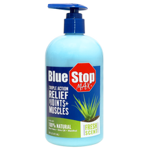 Load image into Gallery viewer, Blue Stop Max 16 oz pump bottle. Front bottle. Triple Action Relief for joints and muscles. Made with 100% natural aloe vera, emu oil and menthol. Fresh Scent.