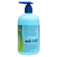 Load image into Gallery viewer, Blue Stop Max 16 oz side panel. Blue Stop Max provides fast soothing relief to both joints and muscles with the unique blend of menthol, emu oil, MSM, CFA's and gllucosamine. Our specialized formula combines premium and natural ingredients that stops aches fast while nourishing skin with organic aloe vera. Perfect for everyday aches and discomfort. Directions: ensure pump is tightly secured to the bottle. Rotate top left until it pops up. Apply liberally as needed. For best results, use 3-4 times daily.