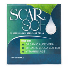 Load image into Gallery viewer, Scar Sof 2 oz jar box. Surgeon formulated scar cream. Made with organic aloe vera, organic cocoa butter, vitamins a and e.