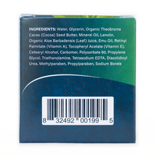 Load image into Gallery viewer, INGREDIENTS:
Water, Glycerin, Organic Theobroma Cacao (Cocoa) Seed Butter, Mineral Oil, Lanolin, Organic Aloe Barbadensis (Leaf) Juice, Emu Oil, Retinyl Palmitate (Vitamin A), Tocopheryl Acetate (Vitamin E), Cetearyl Alcohol, Carbomer, Polysorbate 60, Propylene Glycol, Triethanolamine, Tetrasodium EDTA, Diazolidinyl Urea, Methylparaben, Propylparaben, Sodium Borate.