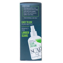 Load image into Gallery viewer, ScarSof 4 oz pump side panel box. Directions massage gently onto scars several times daily until soft and supple. Scars will continue to soften over time.