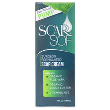 Load image into Gallery viewer, ScarSof 4 oz Front of Box. Easy to use pump, surgeon formulated scar cream, made with organic aloe vera, organic cocoa butter and vitamins A and E.